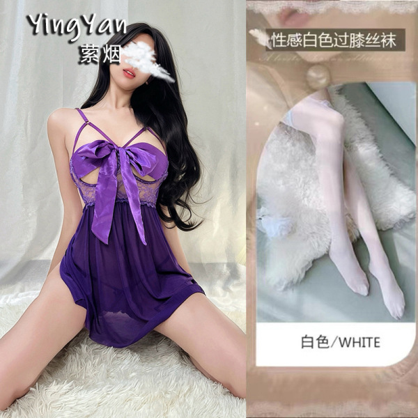 Lace Sensual Sleepwear Set - Sexy Underwire Push-Up Lounge Set for Small Bust Women - 0803 [Breast Support] Dark Purple Butterfly Nightgown + Panties + White Stockings