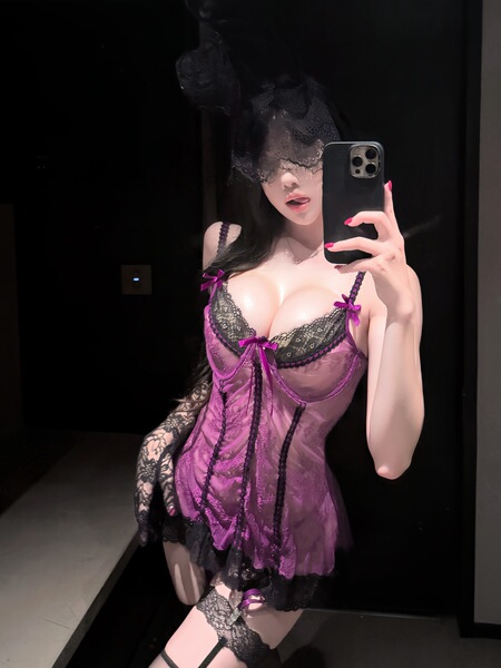 Manyeqing Lace Lingerie Set - Deep V Push-Up Sexy Mesh Slip Dress with Sheer Allure - Dark purple (socks not included)