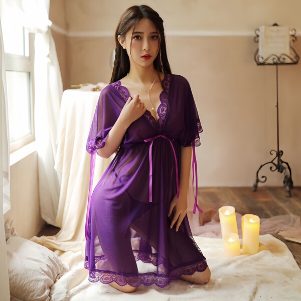 Plus Size Seductive Lingerie Set - Sheer Sensual Sleepwear for Women, No-Remove Naughty Nightwear - Deep purple