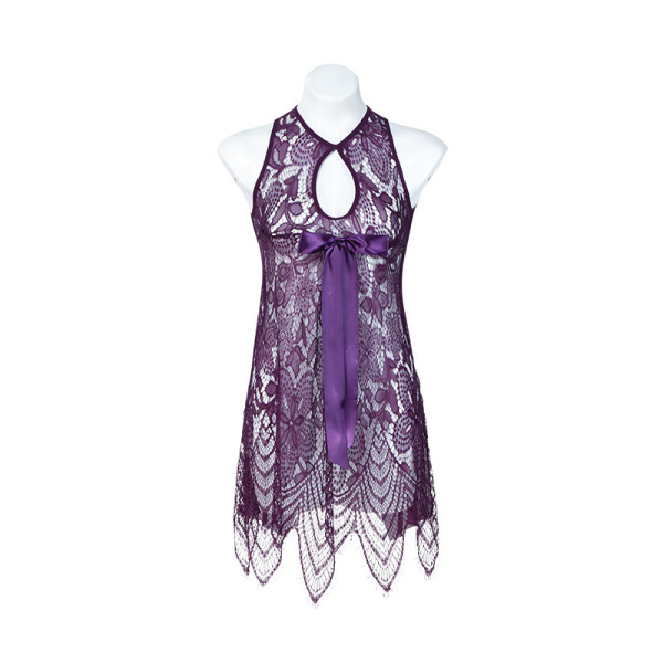 Sexy Lace Sheer Sleepwear for Women – Backless Mesh Nightgown with Elegant Cutouts, Premium Intimate Lingerie - Deep purple