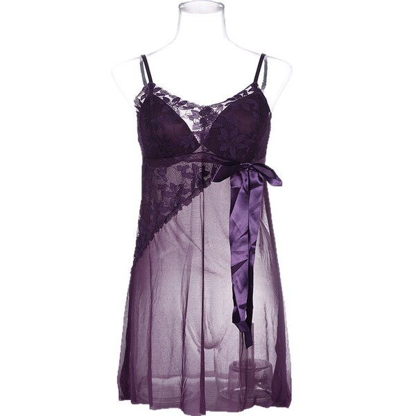 Seductive Lace Sheer Chemise with Built-in Pads - Modest Yet Sexy Sleepwear for Women - Dark purple (for privacy protection)