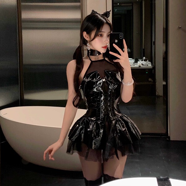 QQNY Pure Allure Lace Sleepwear Set – Elegant Sensual Women's Intimate Nightwear, Premium Soft Fabric - Little devil black + lace mid-calf socks