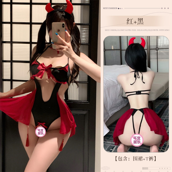 Pure & Seductive Lingerie Set - Busty Temptation Sleepwear, Naughty QQNY Style Erotic Outfit for Women - Demon [Clothing + Headwear] + Black Open Crotch Stockings