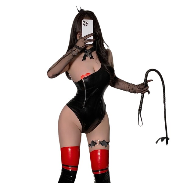 A woman poses in a black latex bodysuit with an open crotch design, paired with red thigh-high stockings and a whip accessory...