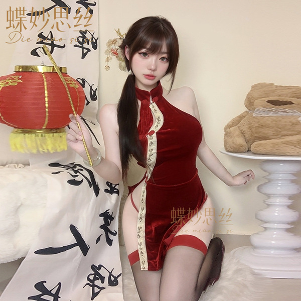 Red silk qipao costume with elegant design, perfect for festive celebrations and special occasions. ideal for new years attir...