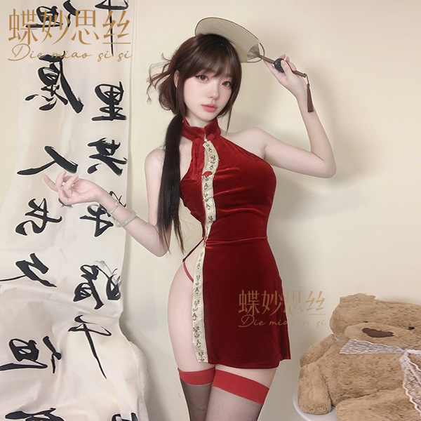 Red silk qipao costume with matching stockings, elegant design perfect for festive celebrations and special occasions.