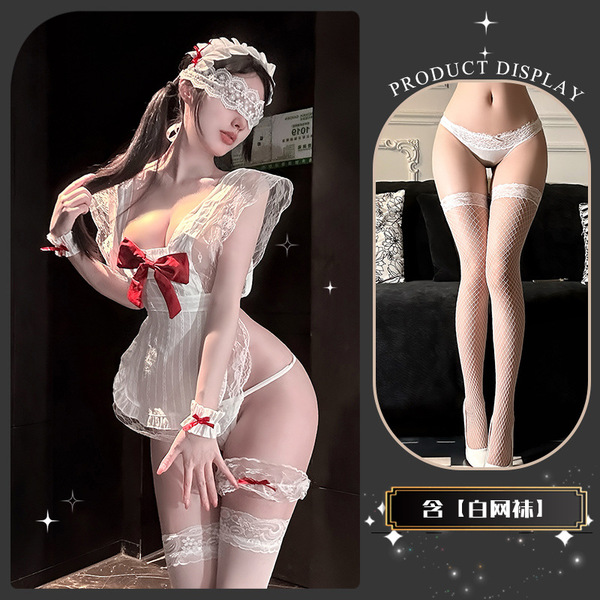 Golden Night Bowknot Maid Lingerie Dress - Sweet & Sensual Sheer Bust Corset Style Erotic Outfit - Butterfly Strawberry ~ + White Fishnet Stockings