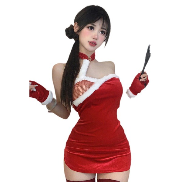 Sexy holiday costume featuring a red lace cheongsam with gloves and a whip, perfect for nightclub or bedroom outfits.