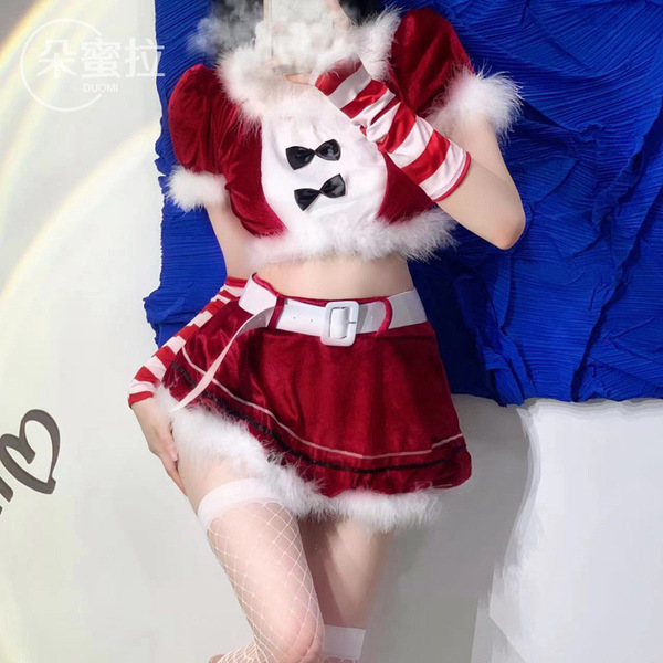 Domila christmas bunny girl lingerie set - festive holiday costume with red striped top, white fleece trim, and matching skir...