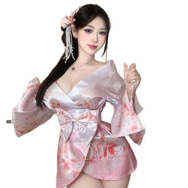 A woman wears a pink anime-inspired kimono-style sleepwear set by domila, featuring floral patterns and a deep v-neck design ...