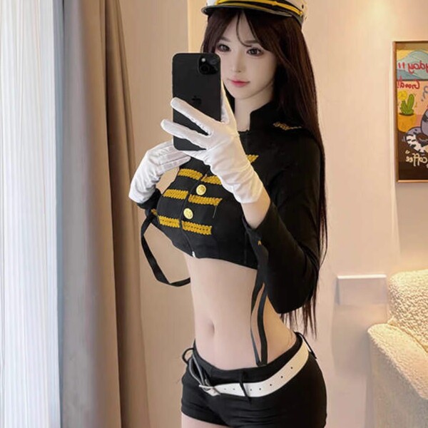 A woman models a domila sexy lingerie set featuring an airline stewardess and police uniform costume, perfect for role play w...