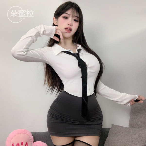 Sexy white blouse with black tie, paired with a form-fitting black skirt, perfect for roleplay outfits.