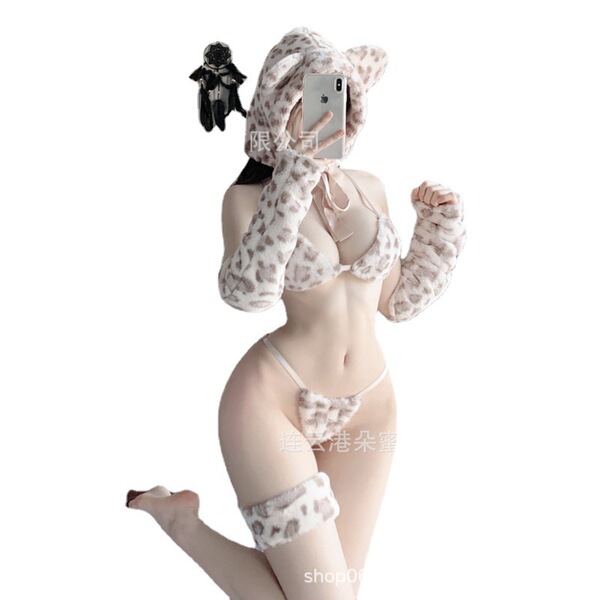Sexy tiger print lace catwoman costume set featuring fluffy kitten bodysuit and matching thong, perfect for cosplay or themed...