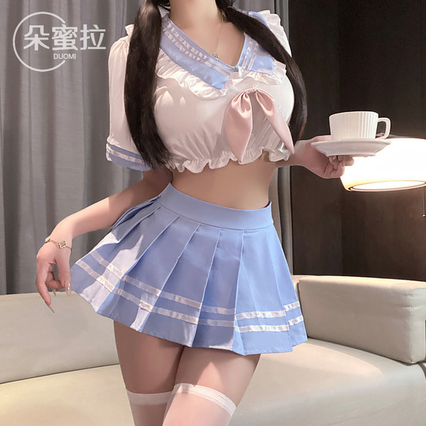 A stylish schoolgirl uniform set featuring a sweet crop top with ruffled details and a pleated mini skirt, perfect for anime-...