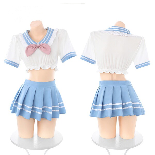 Domoila pure love schoolgirl jk uniform set featuring a sweet crop top with a pink bow and blue mini skirt, perfect for schoo...