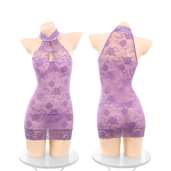 Domoila purple cheongsam lingerie set - seductive pure-yu sleepwear & bodycon dress outfit for women, featuring intricate lac...