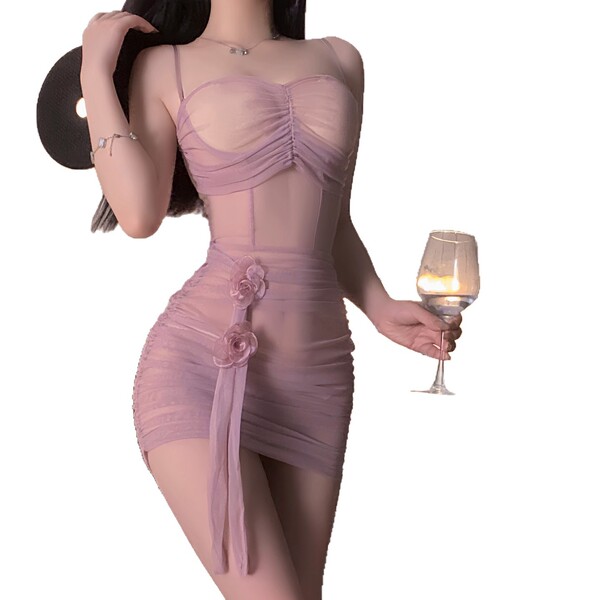 Sexy domoila mini dress with push-up design, soft bodycon fit, elegant rose detail, perfect for suggestive moments.