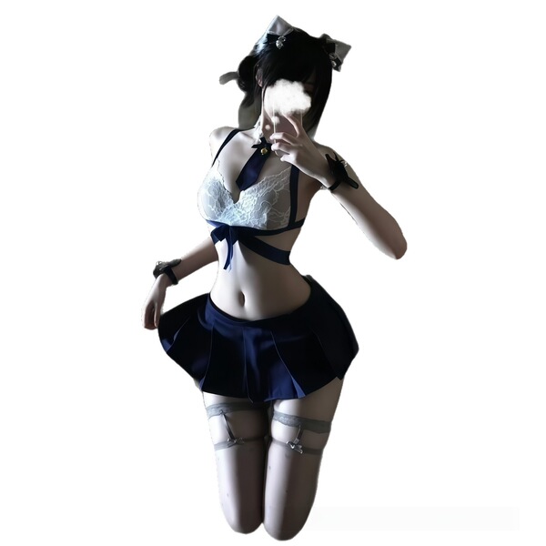 Sexy student-style mini pleated skirt set with cute jk uniform design, featuring lace bra and thigh-high stockings for small ...