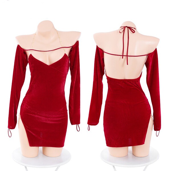 Domoila new year lingerie set - vintage velvet costume outfit for women, featuring a deep red design with long sleeves and ba...