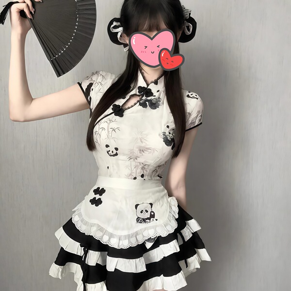 A woman wears a cute panda-themed domoira chinese-style maid outfit, featuring a white dress with black accents and ruffled s...