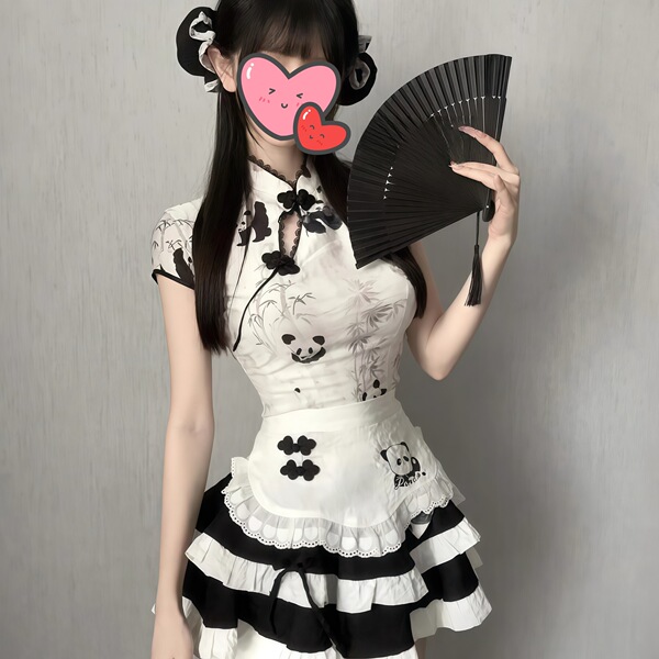 A woman wears a cute panda-themed domoira chinese-style maid outfit, featuring a white dress with black accents and ruffles, ...