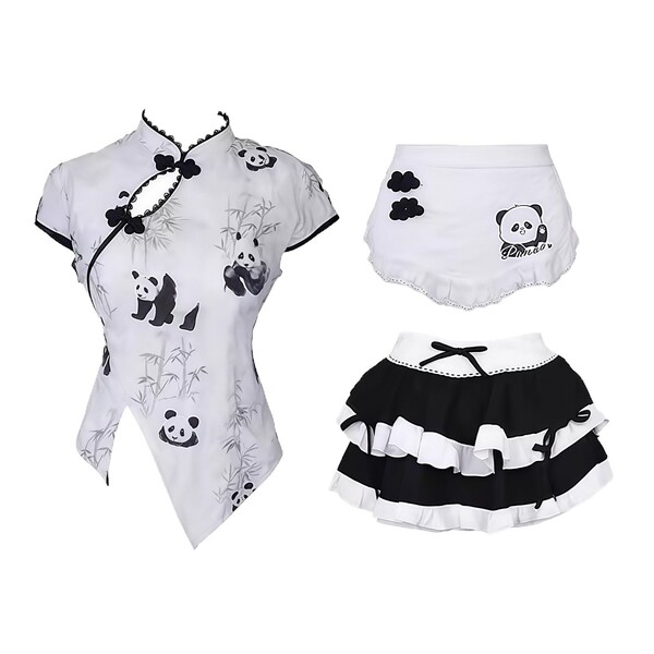 Domoira sexy chinese-style maid outfit featuring cute panda designs, perfect for women seeking pure yet tempting sleepwear wi...