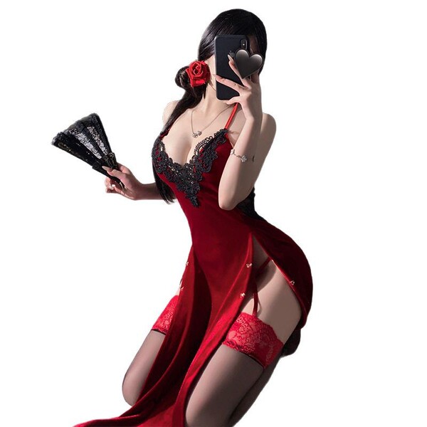 Sexy red velvet sleep dress with deep v neckline, sheer high slit, bare-butto design, no-remove style, elegant lace details.