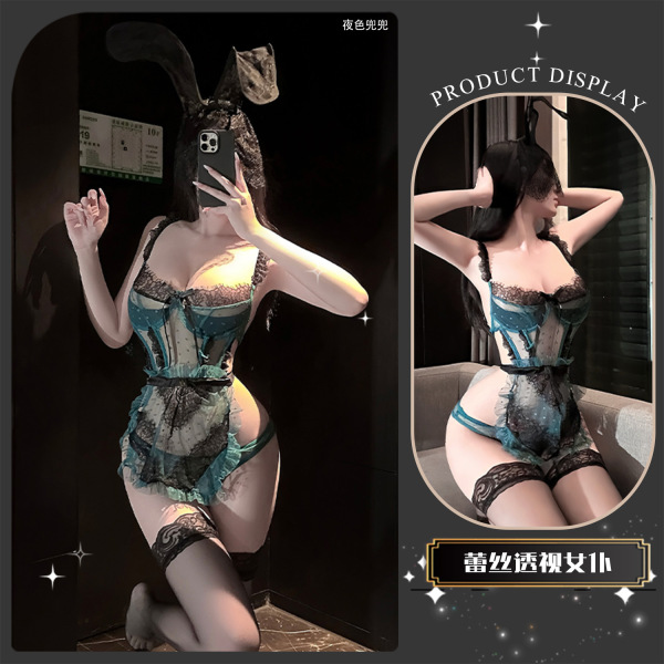 Chao Mu Sensual Lingerie Set - Sheer Polka Dot Maid Outfit with Bow & Backless Design, Japanese Sweet Style - Polka Dot Sweet Barbie [Green] + Black Stockings + Black Headband