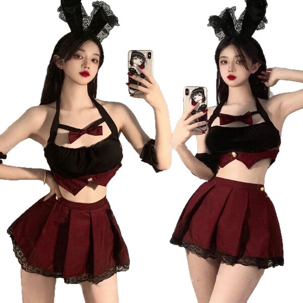 Double-child plus size sexy uniform sleepwear - cute schoolgirl jk short skirt set, featuring bold black and deep red colors ...
