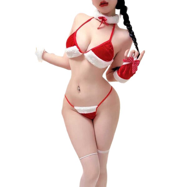 Sexy red double-ear bunny costume with white fur trim, perfect for christmas and new year parties. plus size sexy cosplay lin...