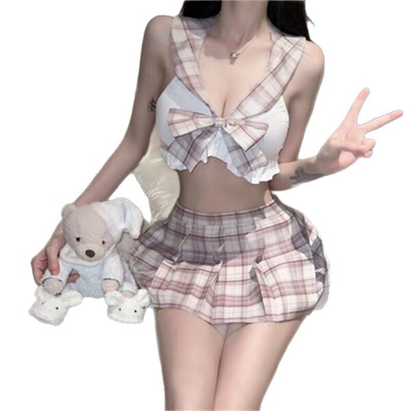 A stylish double-heart plus-size jk uniform set featuring a cute plaid design, perfect for schoolgirls with a touch of seduct...