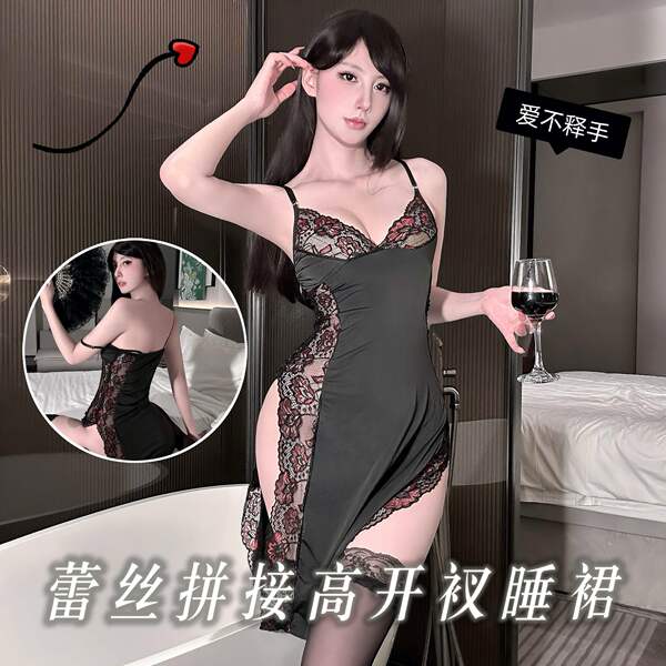 Sexy lace sleep dress with high slit, perfect for date nights and romantic occasions.