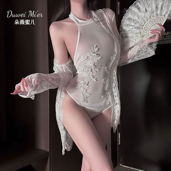 Elegant embroidered sheer mesh bodysuit for women, sexy lace design, perfect for sleepwear and lingerie sets