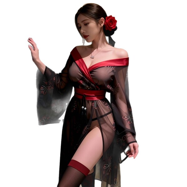 Vintage japanese kimono-style sheer erotic robe featuring floral print, elegant design with red accents and thigh-high stocki...
