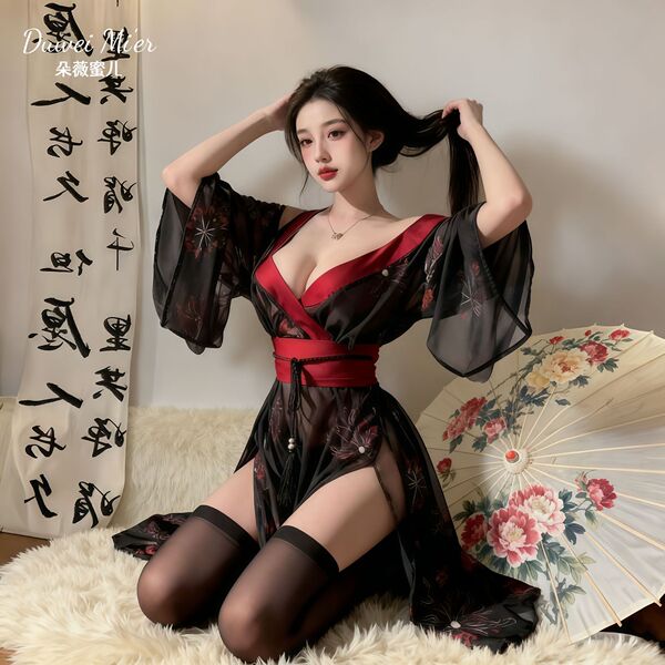 Vintage-inspired sheer kimono lingerie set with floral patterns, elegant design, perfect for sensual allure.