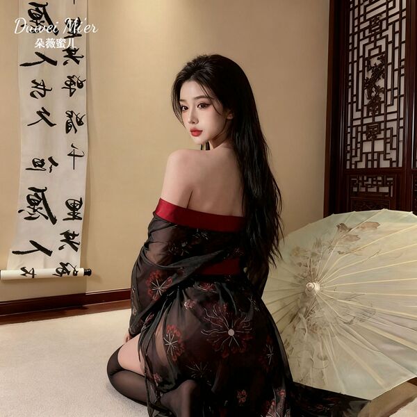 Vintage-inspired sheer kimono lingerie set, elegant design with floral patterns, perfect for sensual allure.