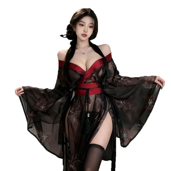 Vintage-inspired sheer kimono with red accents, elegant design, perfect for sensual allure.