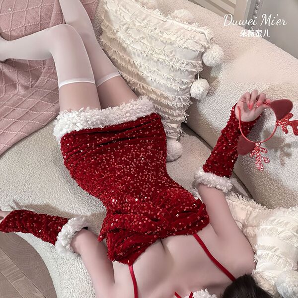 Sexy christmas lingerie set featuring velvet and sequins, perfect for new year outfits. elegant design with festive details.