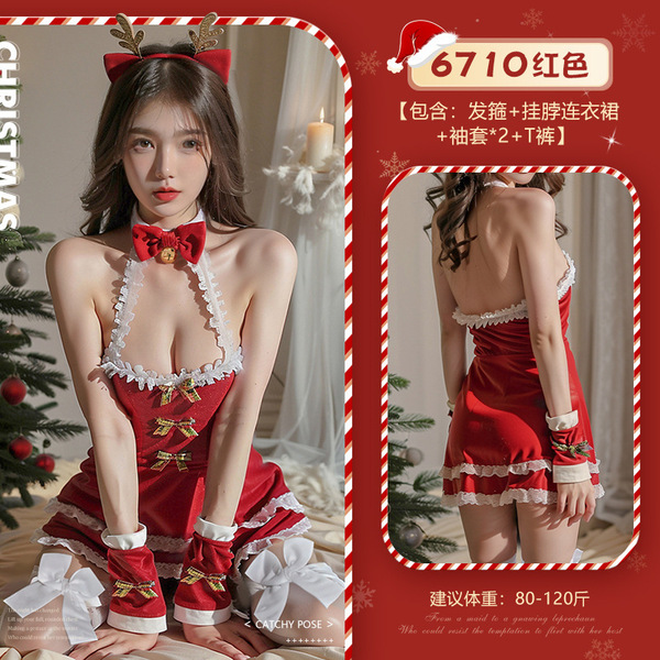 Sexy christmas-themed lace sheer lingerie set with reindeer antlers headband, festive outfit for new years eve celebration.