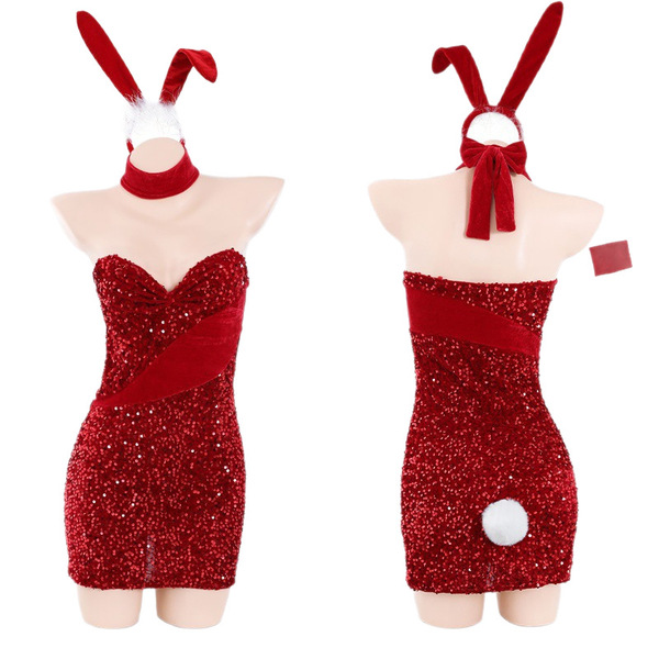 Sexy red glitter dress with bunny ears and tail, perfect for dragon year new year celebrations and festive occasions.