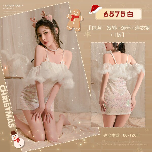 Dragon Year New Year Lace Sheer Lingerie Set - Sexy Costume Outfit for Christmas & NYE - 6575◆Dreamy Reindeer◆ White【Headband, Necklace, Dress, T-shirt】