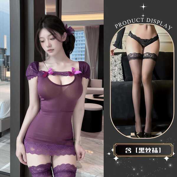 QQNY Pure Allure Sleepwear Set – Elegant Sensual Lingerie for Women, Luxury Bedroom Loungewear - Dress + black stockings
