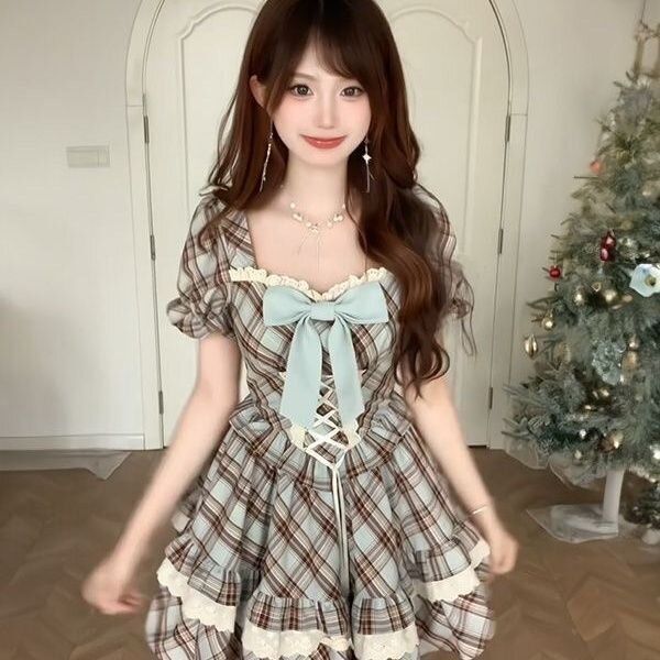 British Collegiate Vintage Checkered Dress for Women – Retro Lace-Up Waist A-Line Summer Princess Skirt - dress + bow