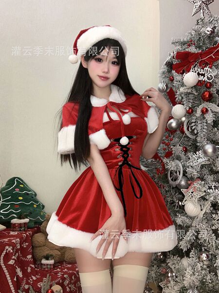 Velvet Sweet Mood Lingerie Set - Christmas Red Robe with Waist-Cinching Cape for Festive Winter Romance - Dress + Santa hat + shawl