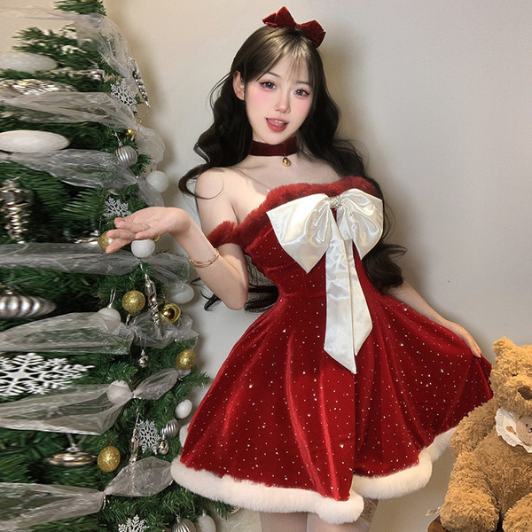Velvet Bunny Costume Dress - Sexy Mesh Lace Sleepwear for New Year's Eve Party - 9884 [Dress + Choker]