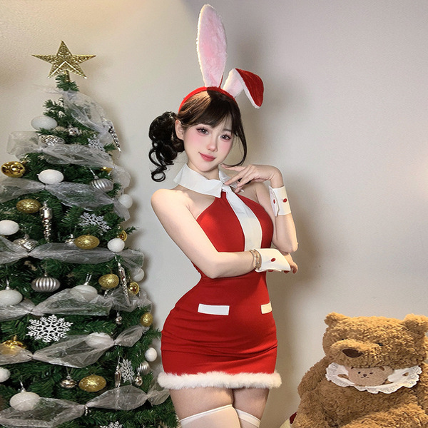 Velvet Bunny Costume Dress - Sexy Mesh Lace Sleepwear for New Year's Eve Party - 9872 [Dress + Tie + Bracelet + Earrings]
