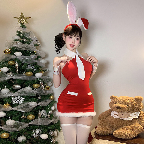 Red Christmas Party Lingerie Set - Sexy Bunny Girl Costume for Holiday Cosplay & New Year's Eve - 9872 [Dress + Tie + Bracelet + Earrings]