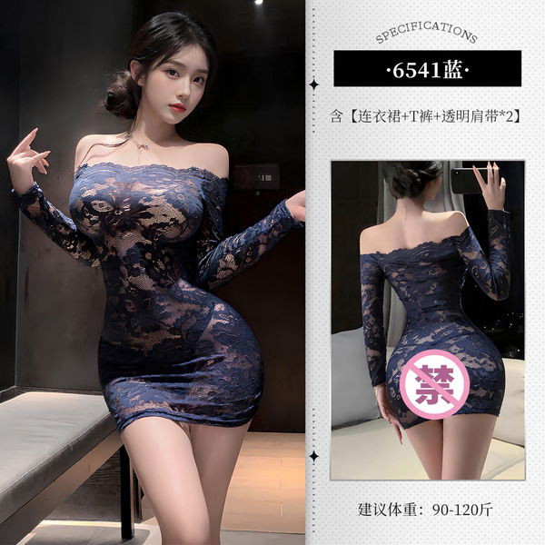 Miji × Feimu Lace Sheer Bodycon Dress - Seductive Cold Elegance Lingerie for Women - 6942508605759 Blue [Dress + T-shirt + 2 sheer bra straps]