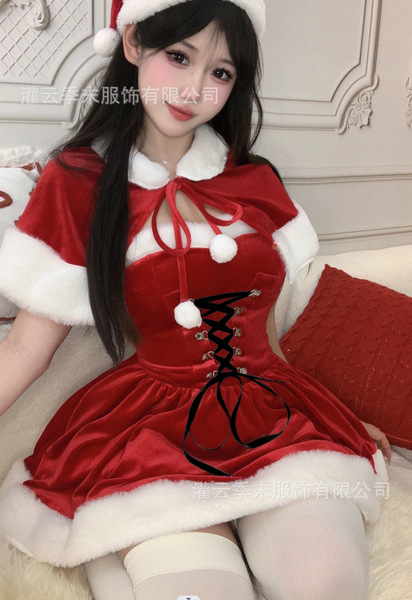 Velvet Sweet Mood Lingerie Set - Christmas Red Robe with Waist-Cinching Cape for Festive Winter Romance - dress + shawl