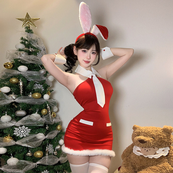 Red Bunny Girl Christmas Outfit - Sexy Holiday Lingerie Set & Pure-Temptation Slip Dress for Women - 9872 [Dress + Tie + Bracelet + Earrings]